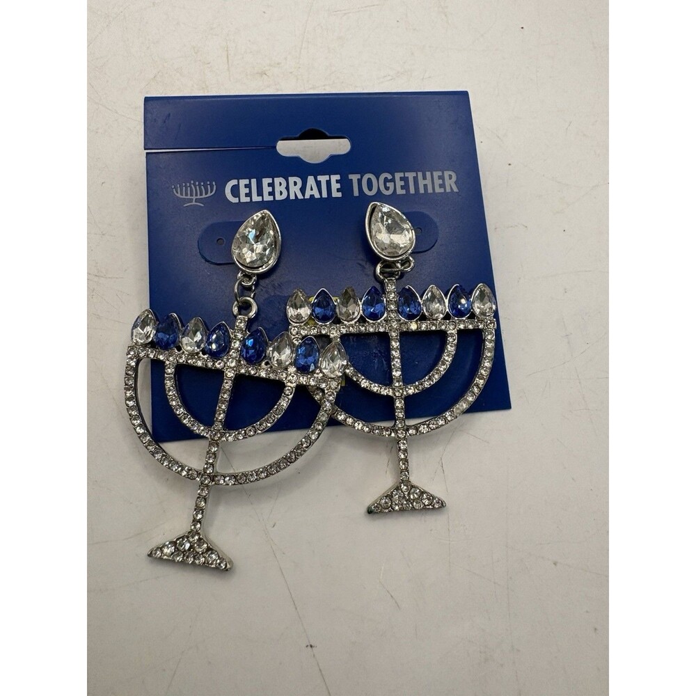 Celebrate Together Hanukkah Menorah Rhinestone Drop Earrings Gold Tone Blue